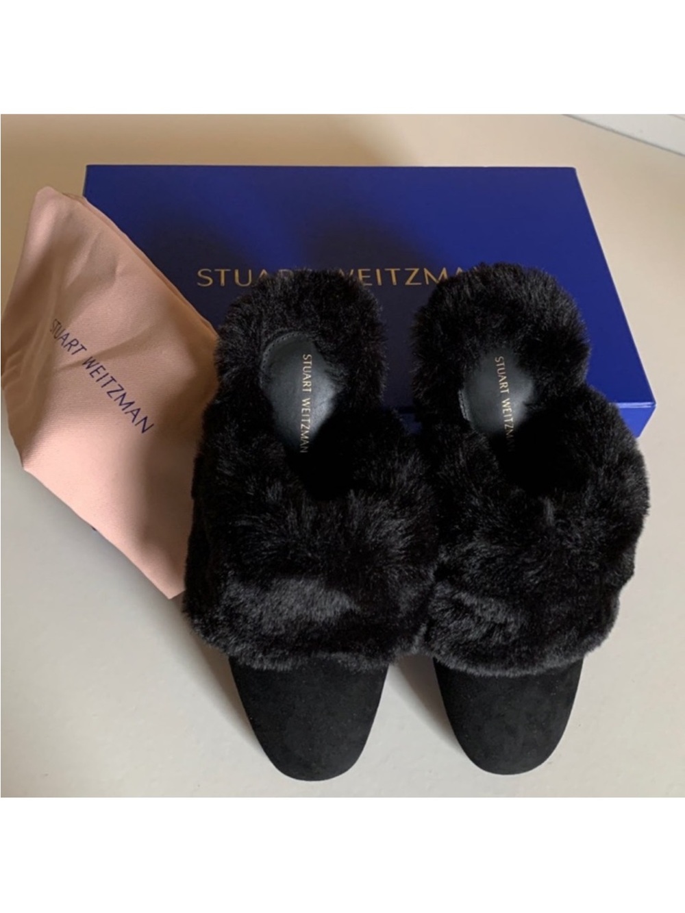 Stuart Weitzman Edie Chill Suede & Faux Fur Mules